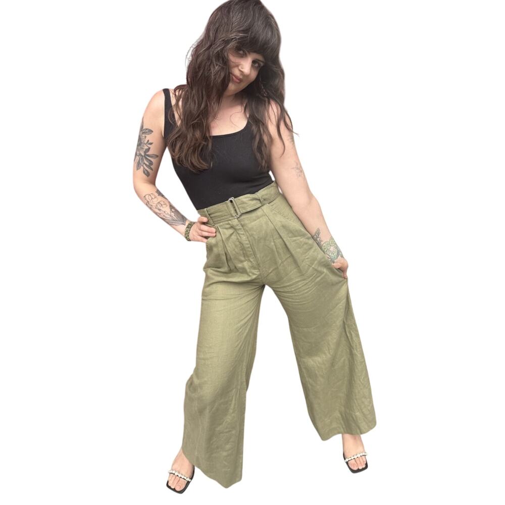 Matthew Bruch Olive Linen Pleated High Waist Wide Leg Trousers